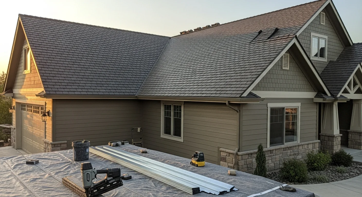 Completed exterior home renovation showing new roofing and siding