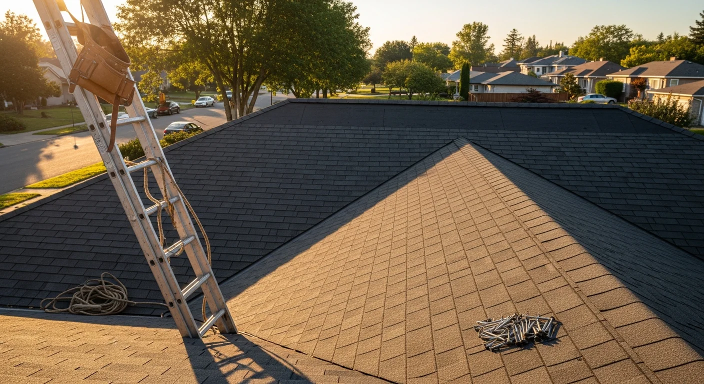 Professional roofer installing new roofing material on residential home
