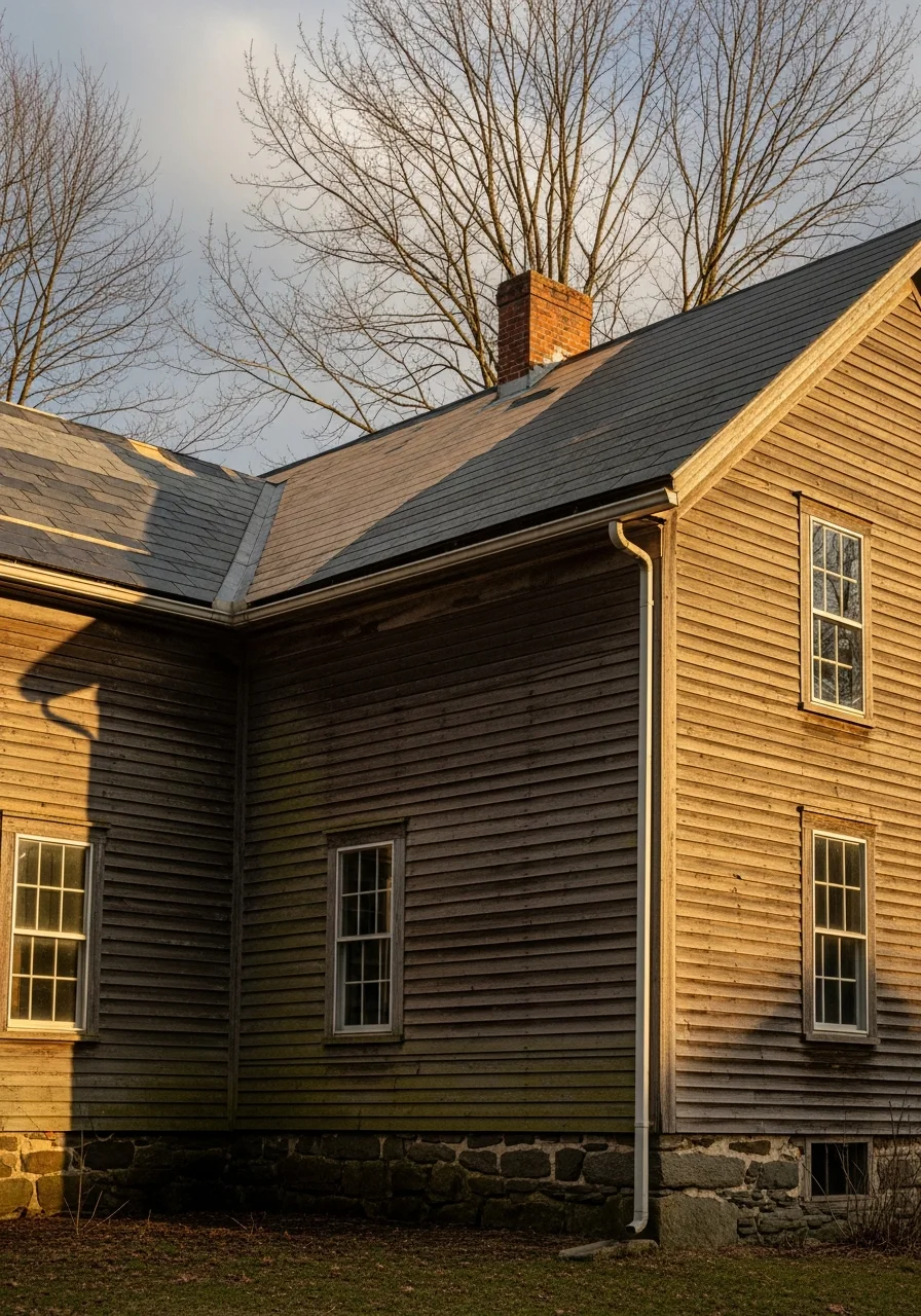 A contractor standing beside a rural residential property in Addison County, gesturing toward an area of the home with professional confidence.