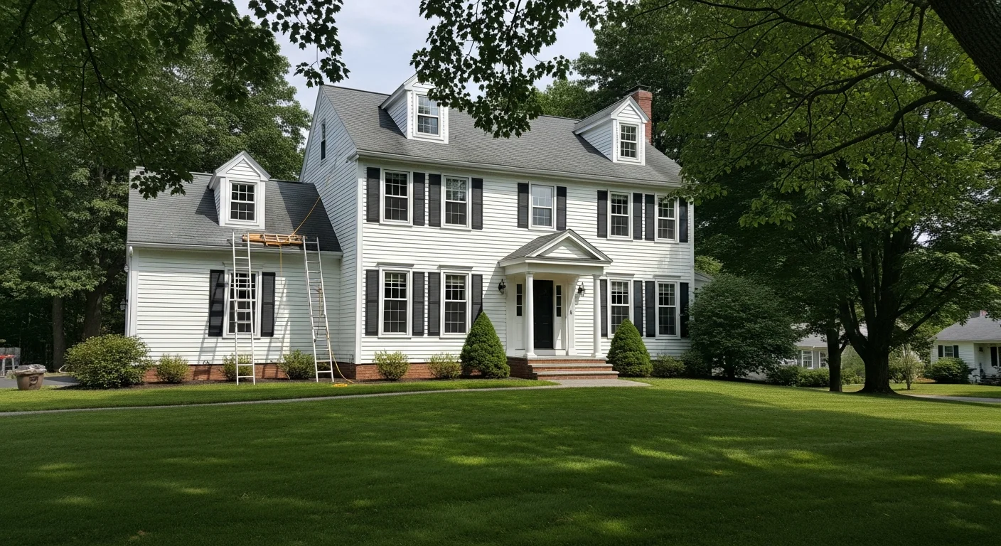 A well-maintained two-story home with white trim and dark shutters in a Chittenden County neighborhood, surrounded by mature trees and a manicured lawn.