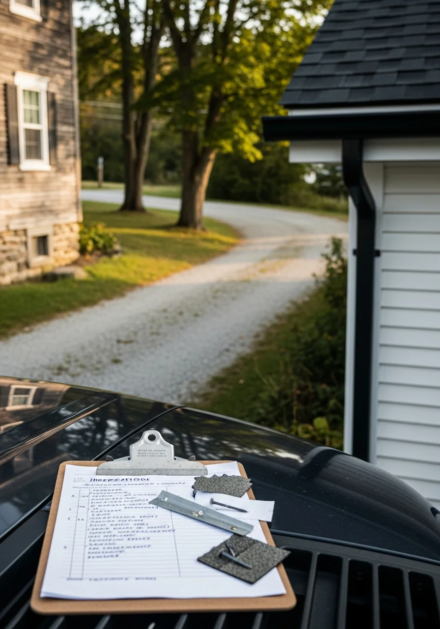 A contractor in work gear standing beside a residential property in St. Albans, holding a clipboard and pointing to an area of the home.