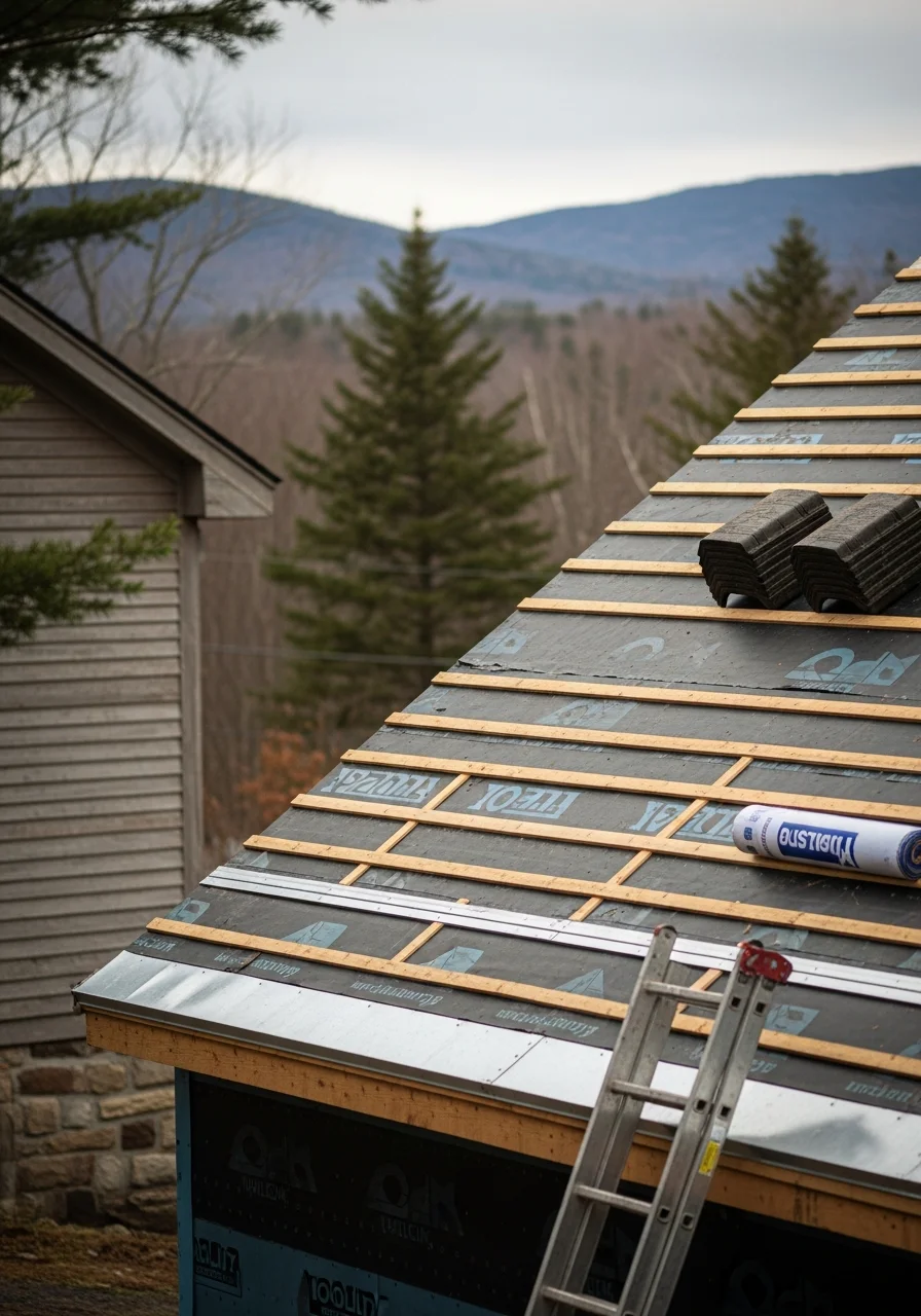 Two contractors reviewing exterior work on a residential property in Lamoille County, with evergreen trees and mountain slopes visible behind them.