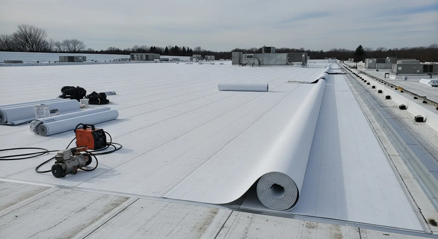 A completed commercial flat roof installation on a large commercial building in Chittenden County, Vermont, showing a clean membrane surface, sealed rooftop penetrations, and proper edge metal detail against a backdrop of the Vermont landscape.