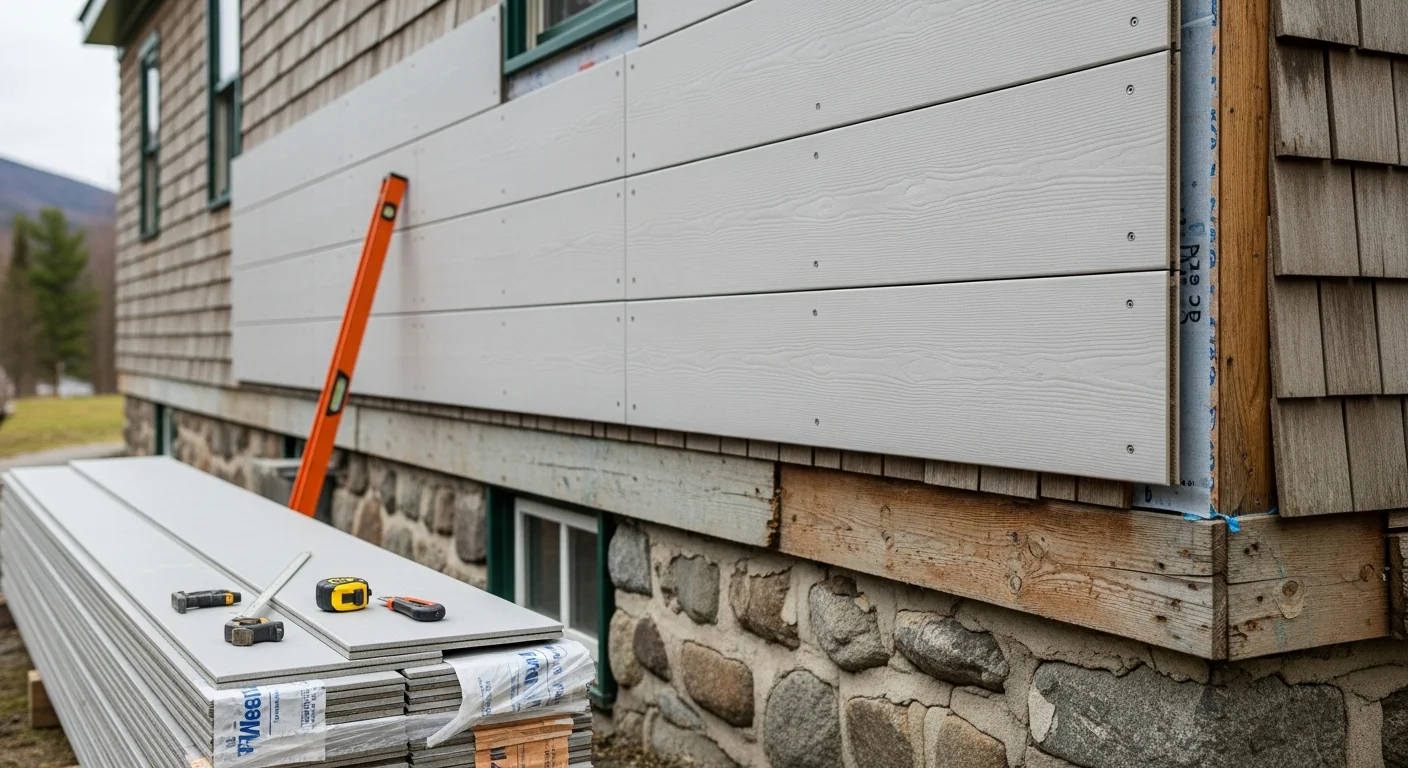 Freshly installed exterior cladding on a two-story residential home in Chittenden County, Vermont, showing clean panel lines and sealed seams along the front and side walls. The completed installation replaces deteriorated siding on a wood-frame structure typical of the region.