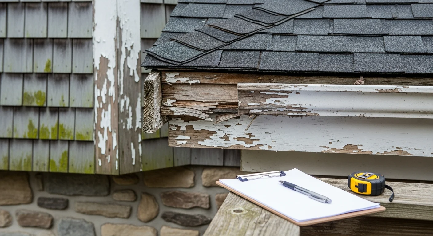 A McGarvey Group consultant reviewing the exterior siding and roofline of a two-story home in Chittenden County, Vermont. The image shows a close inspection of trim and surface wear on a residential property typical of the Burlington area.