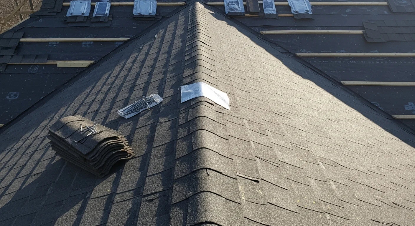A newly installed residential roof on a steep-pitched home in Chittenden County, Vermont, showing clean ridge lines and uniform shingle courses. The surrounding landscape reflects a typical Vermont residential neighborhood with mature trees and mixed housing stock.