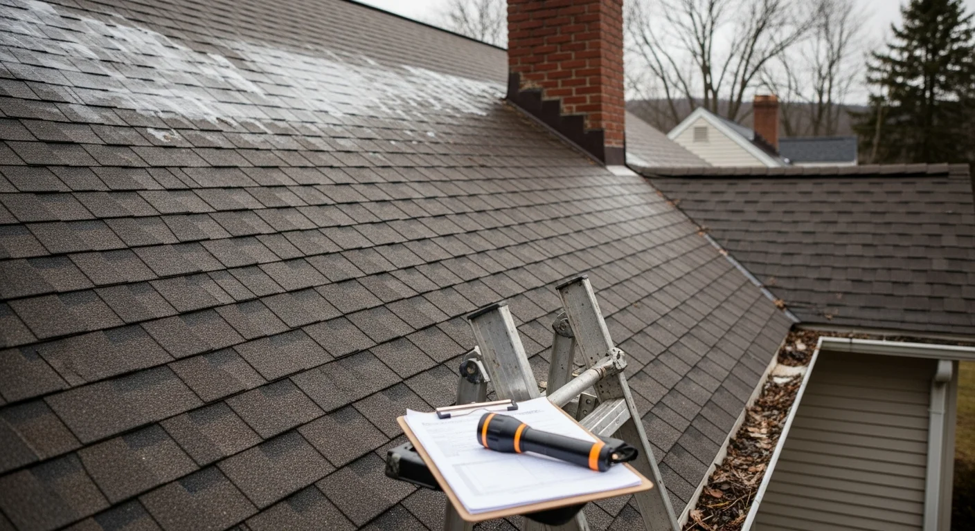 A McGarvey Group roofing contractor inspecting shingles and flashing on a residential roof in Chittenden County, Vermont. Snow-prone roof surfaces and steep-pitch construction typical of the region are visible in the background.
