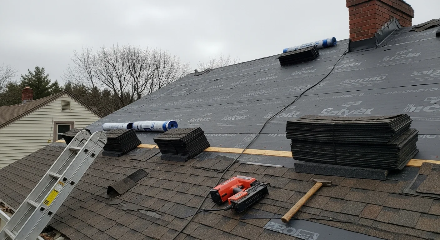 A roofing contractor repairing damaged shingles on a residential home in Chittenden County, Vermont. Close-up view shows replaced shingles and resealed flashing on a steep-pitched roof with a wooded Vermont landscape in the background.