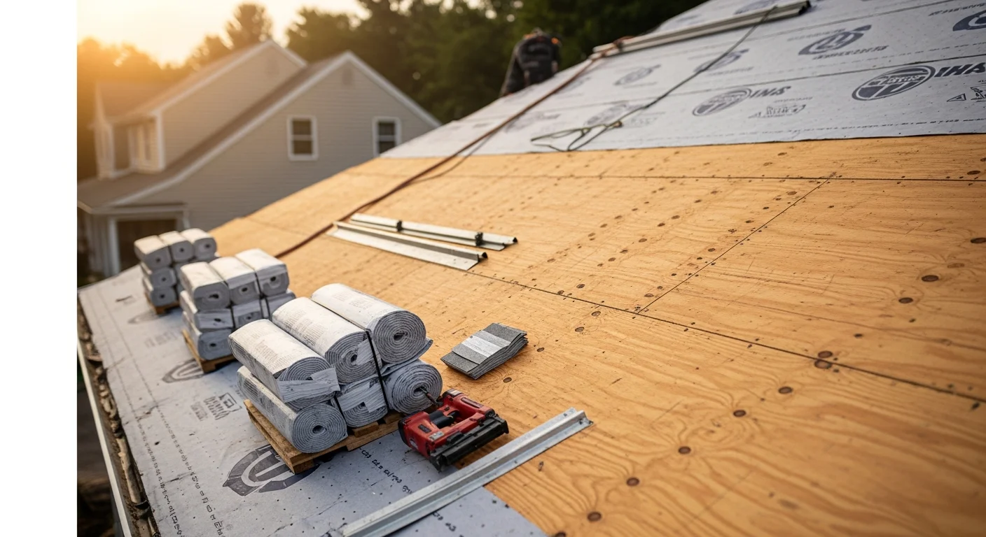 A completed residential roof replacement on a two-story home in Chittenden County, Vermont, showing new roofing installation with clean ridge lines and updated flashing. The surrounding landscape reflects a typical Vermont neighborhood setting with mature trees and a pitched roof design built for heavy snow loads.