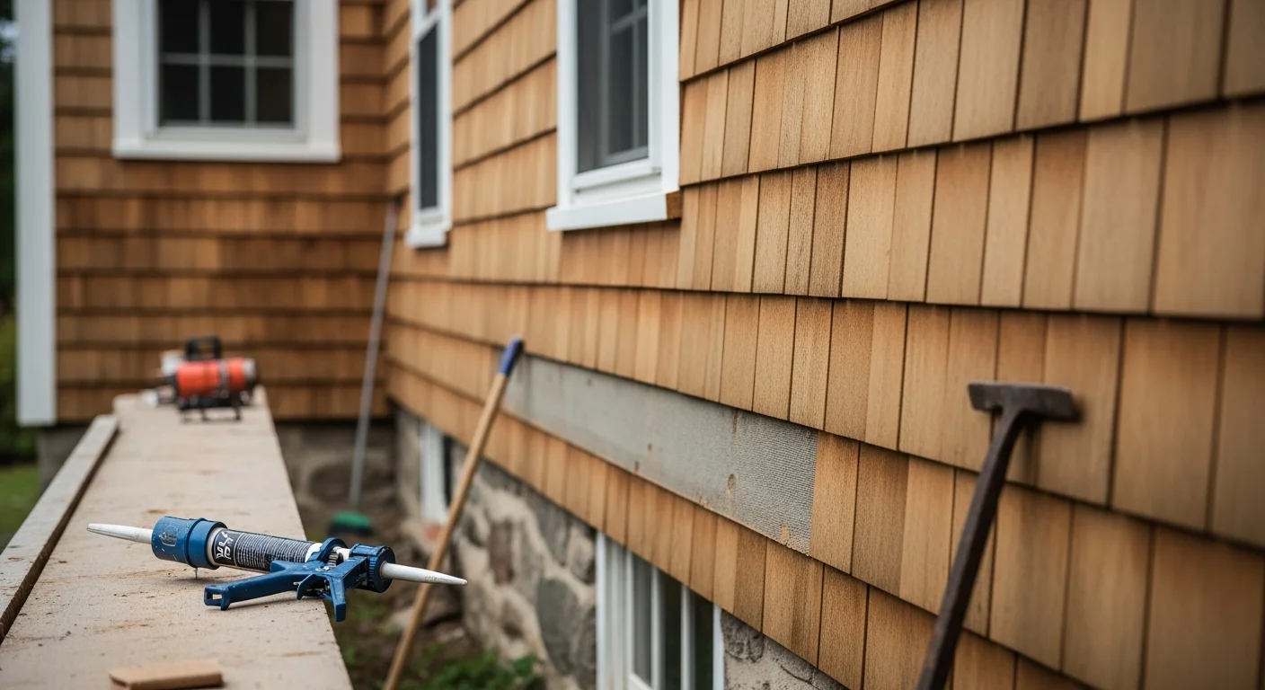 A Chittenden County home exterior showing repaired siding panels with clean seams and consistent color matching along the sidewall. Close-up view of the finished repair area against intact surrounding siding on a Vermont residential property.