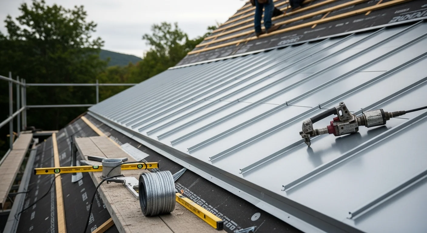 A completed standing seam metal roof on a residential home in Chittenden County, Vermont, showing clean vertical panel lines and concealed seams against a backdrop of bare winter trees. The roof pitch is steep, with uniform panel spacing and finished flashing visible at the ridge and eaves.