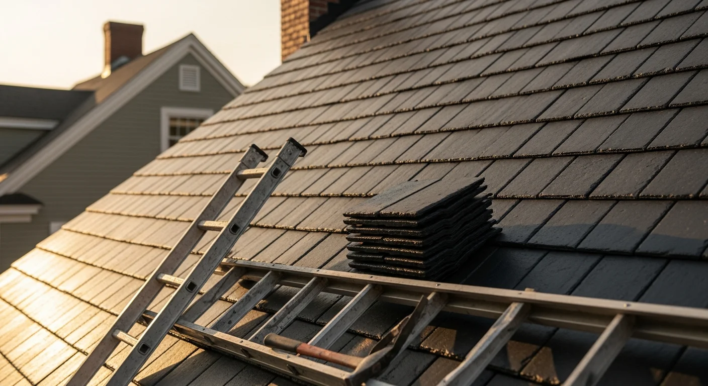 A Chittenden County home with a newly installed synthetic slate roof showing uniform tile alignment and a clean ridge line. Snow-ready roofline visible against a Vermont winter sky.