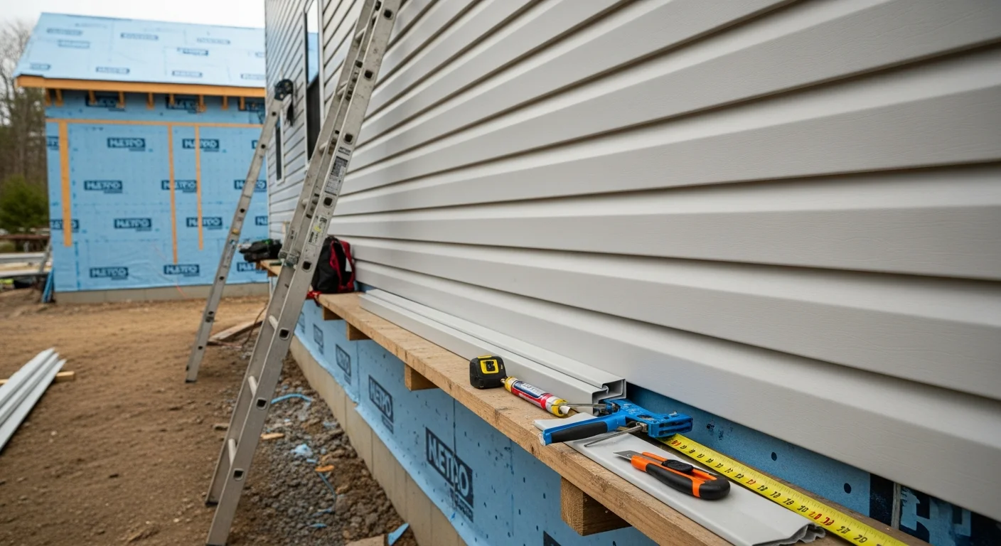 A two-story residential home in Chittenden County, Vermont with newly installed vinyl siding panels and white trim. The exterior shows clean panel alignment and finished corner pieces against a backdrop of a typical Vermont neighborhood streetscape.
